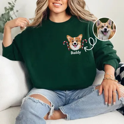 Custom Pet Portrait Christmas Hat Candy Wreath Embroidery Sweatshirt, Hoodie, T-Shirt-forlovever