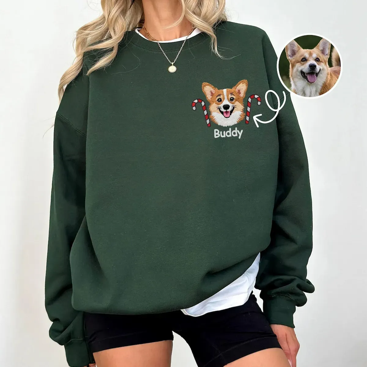 Custom Pet Portrait Christmas Hat Candy Wreath Embroidery Sweatshirt, Hoodie, T-Shirt-forlovever