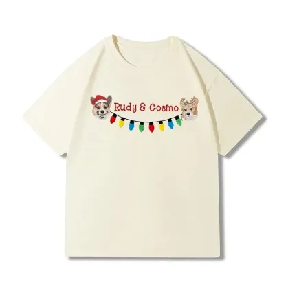 Custom 2 Pets Portrait and Christmas String Lights Embroidered Sweatshirt, Hoodie, T-shirt-forlovever