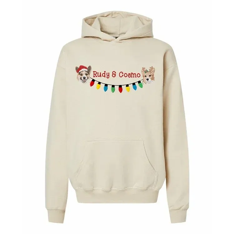 Custom 2 Pets Portrait and Christmas String Lights Embroidered Sweatshirt, Hoodie, T-shirt-forlovever