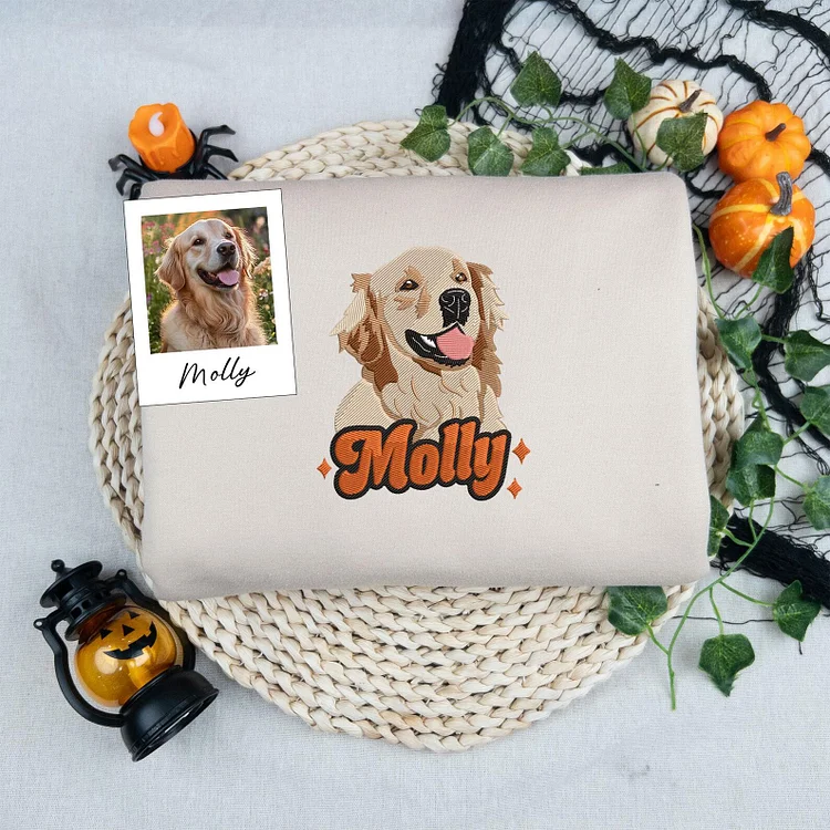 Custom Embroidered Pet Portrait Sweatshirt With Bold Name, Personalized Photo Hoodie for Dog & Cat Lovers