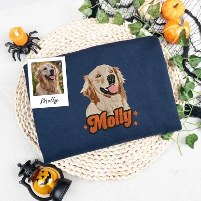 Custom Embroidered Pet Portrait Sweatshirt With Bold Name, Personalized Photo Hoodie for Dog & Cat Lovers