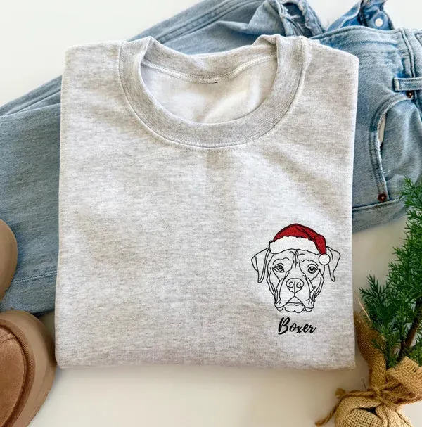 Custom Embroidered Santa Hat Pet Outline Portrait Sweatshirt , Merry Christmas Gifts
