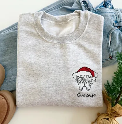 Custom Embroidered Santa Hat Pet Outline Portrait Sweatshirt , Merry Christmas Gifts