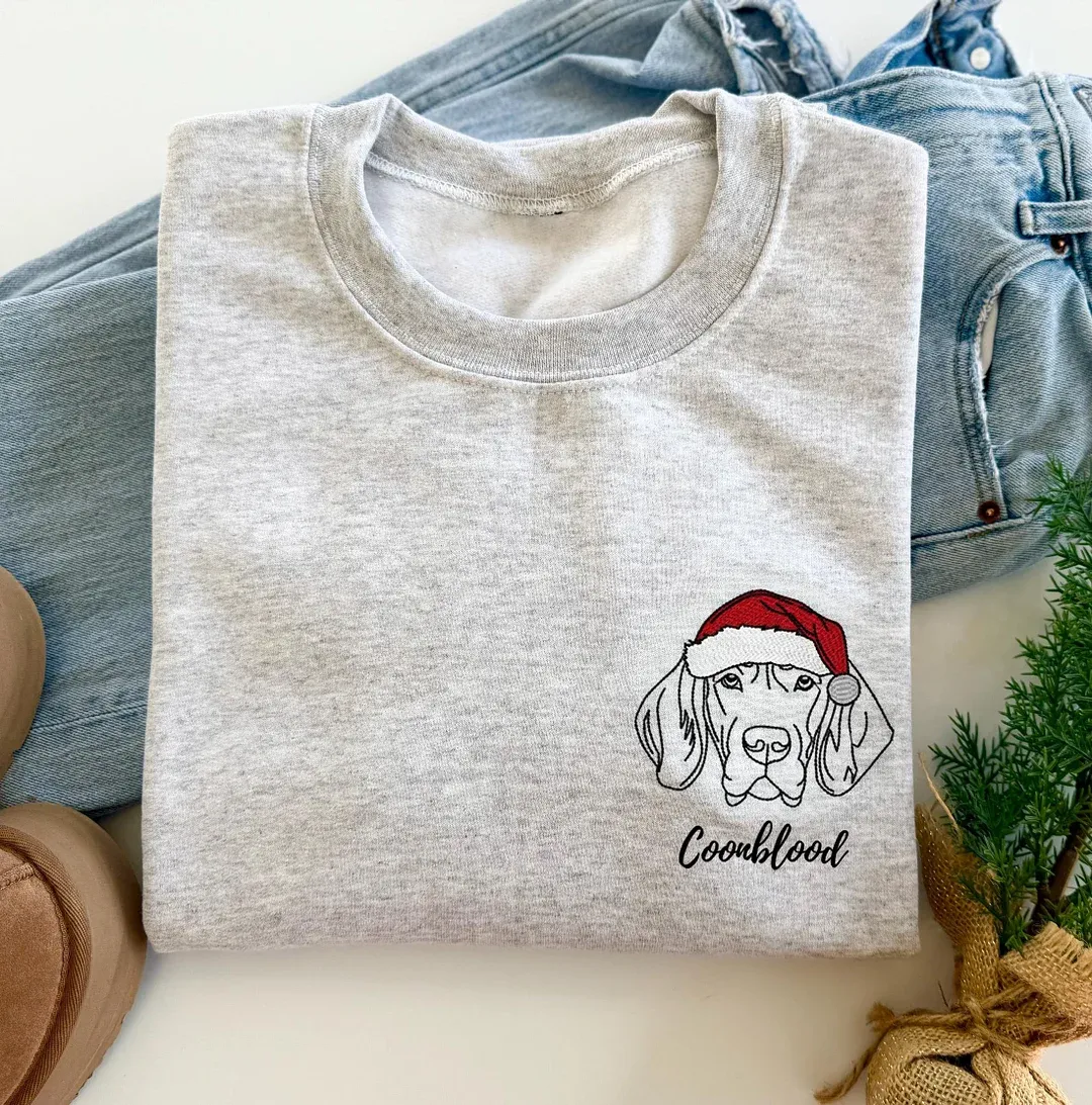 Custom Embroidered Santa Hat Pet Outline Portrait Sweatshirt , Merry Christmas Gifts