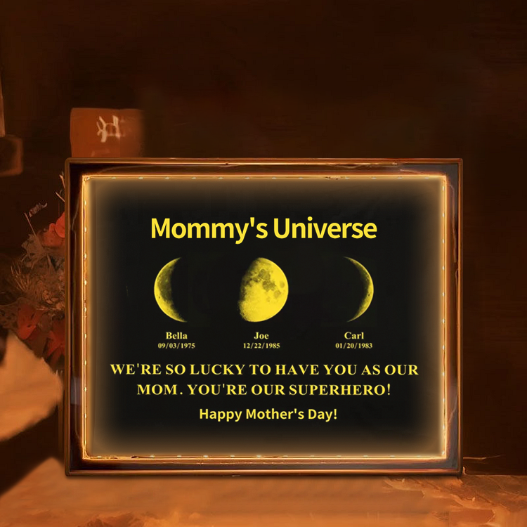 Custom Moon Phase Mirror With Text & Date- Custom Art Frame for Mom - Mommy's Universe, Mothers' Day