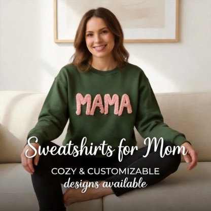 Personalized Chenille Yarn Embroidered Mama Sweatshirt, Custom Kids Names on Sleeve Gift Mother’s Day 