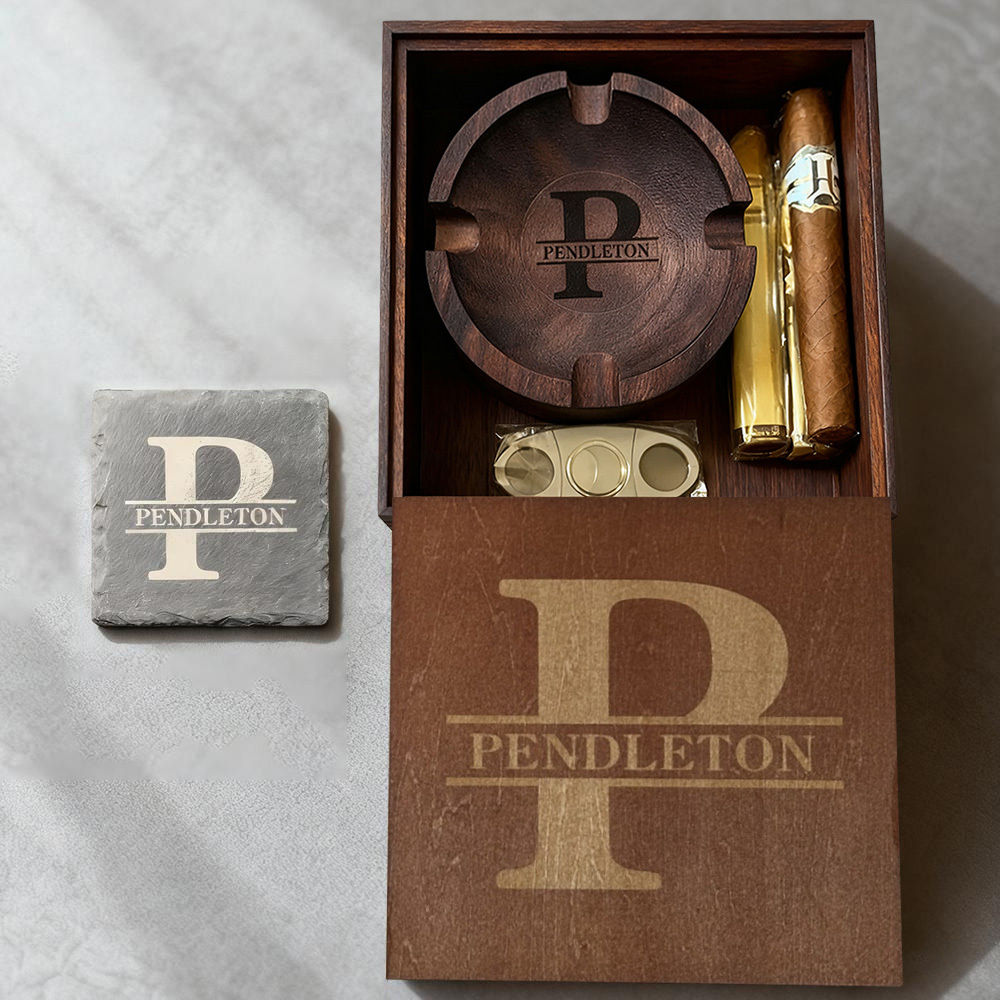 Personalized Name Walnut Cigar Ash Tray Set(Without Cigar)