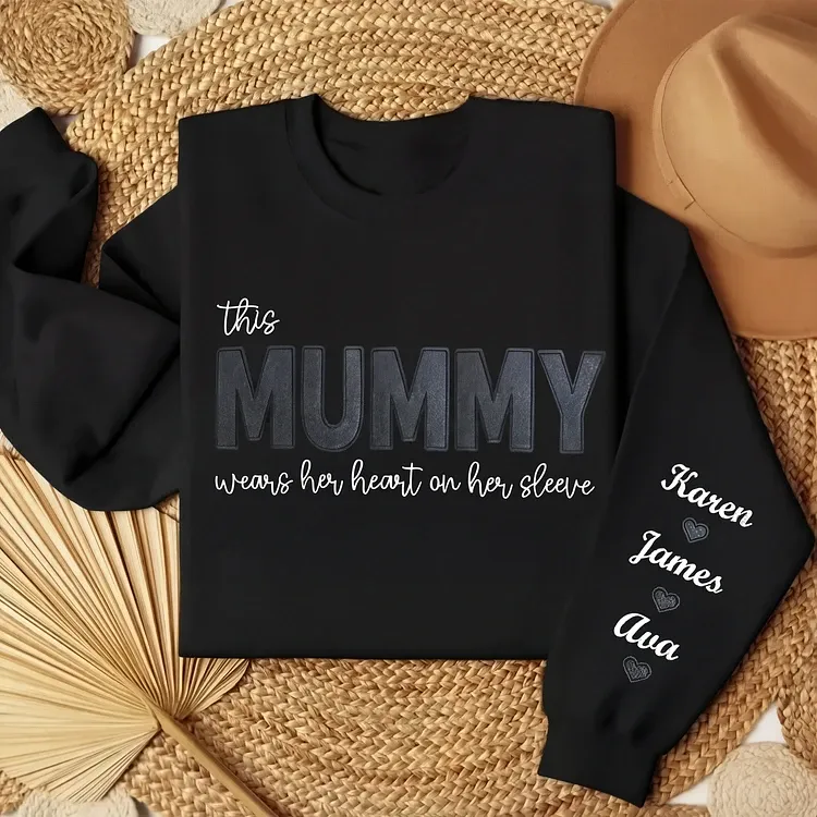 Mom Heart on Sleeve Custom Embroidered  Sequined Sweatshirt，T-Shirt – Gift for Mom & Nana
