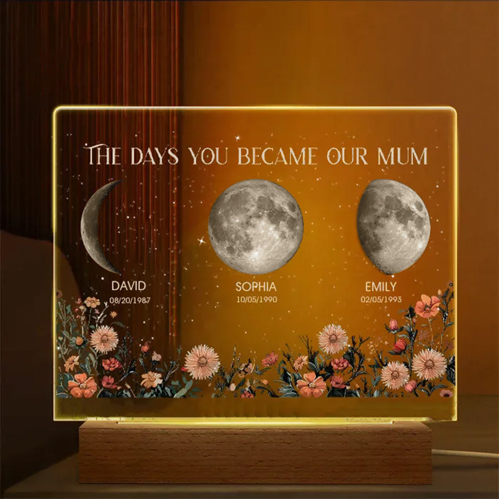 Personalized The Days You Became Our Mum Moon Phase Wood Base Led Light⭐️