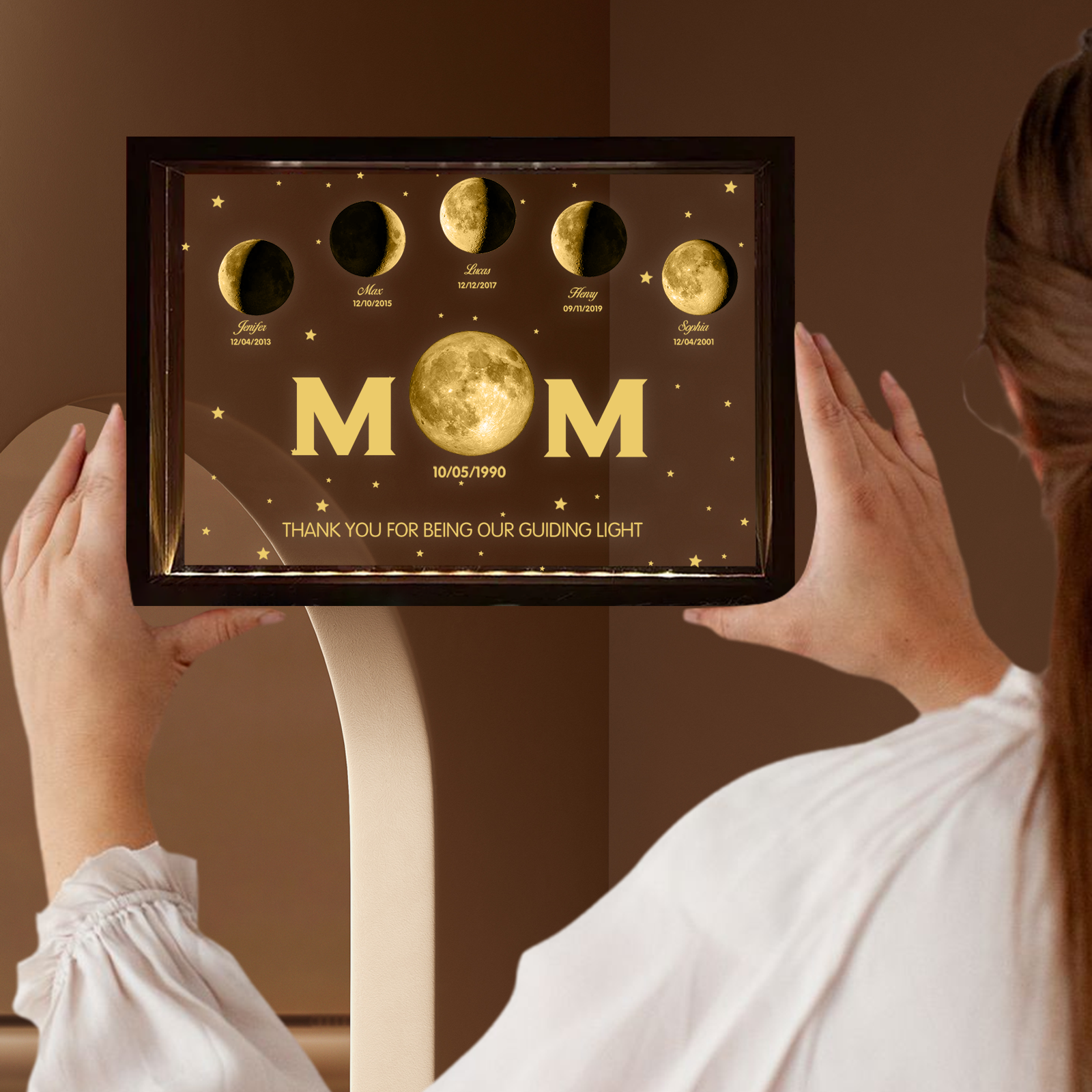 The Day You Became Our Mom, Custom  Mom Moon Phase Led light frame, Mother’s Day Gift, Father's Day