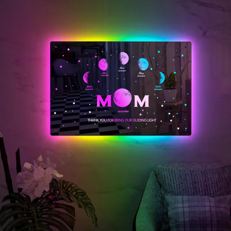 Custom Moon Phase Frame Mirror Light With Text & Date - Mummy's Universe, Mother’s Day Gift