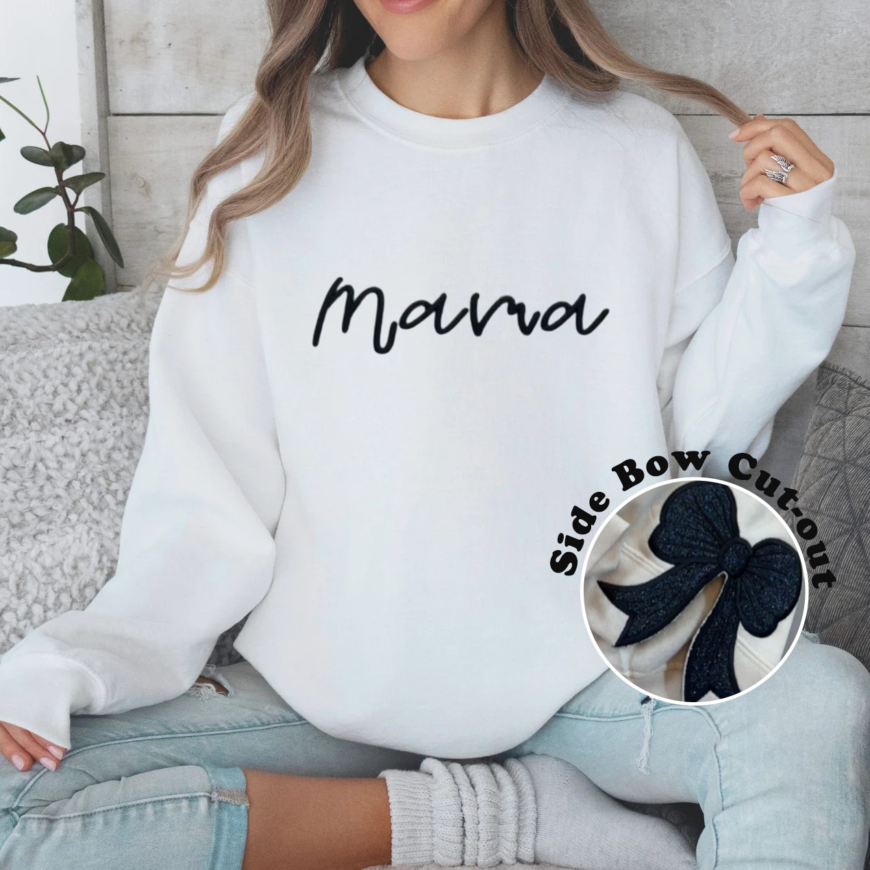 MAMA Side Bow Applique Merry Christmas Sweatshirt
