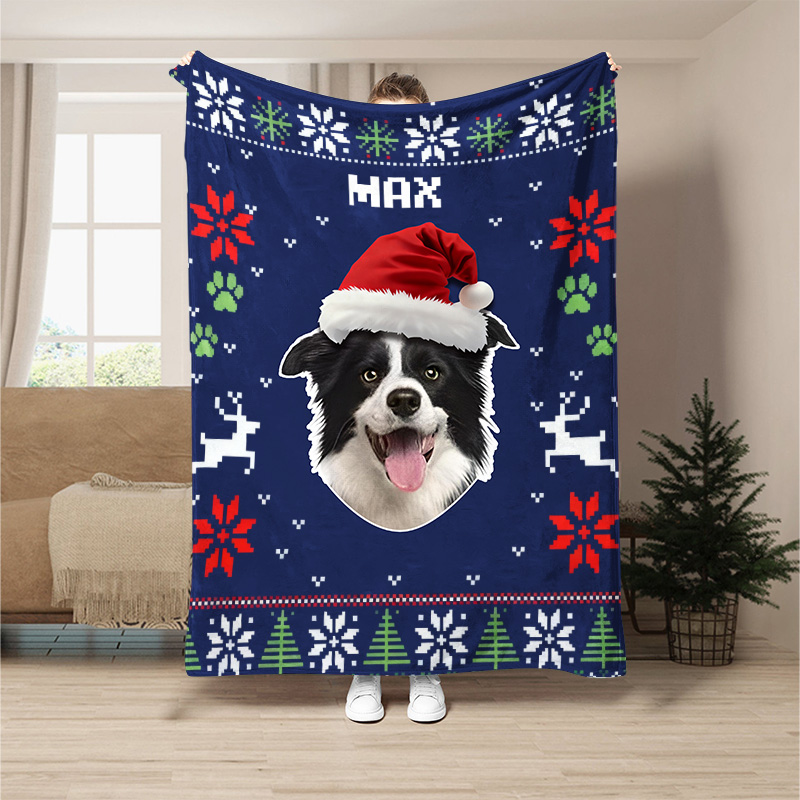 Custom Pet Photo Blanket, Personalized Dog Christmas Blanket with Name