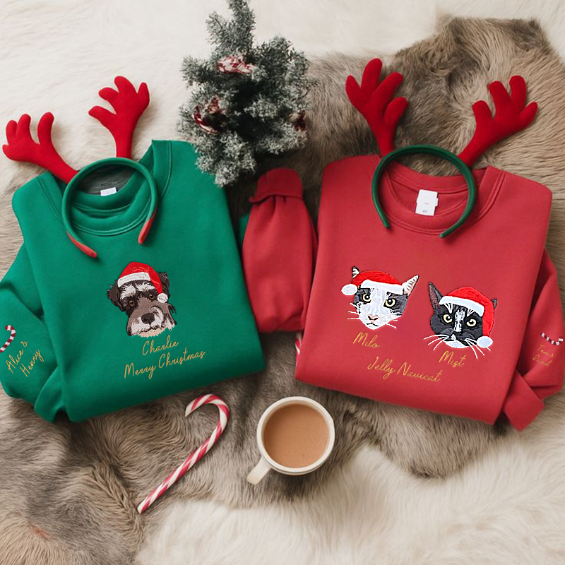 Custom Embroidered Pet Portrait Christmas Sweatshirt Hoodie T-shirt Christmas Gift