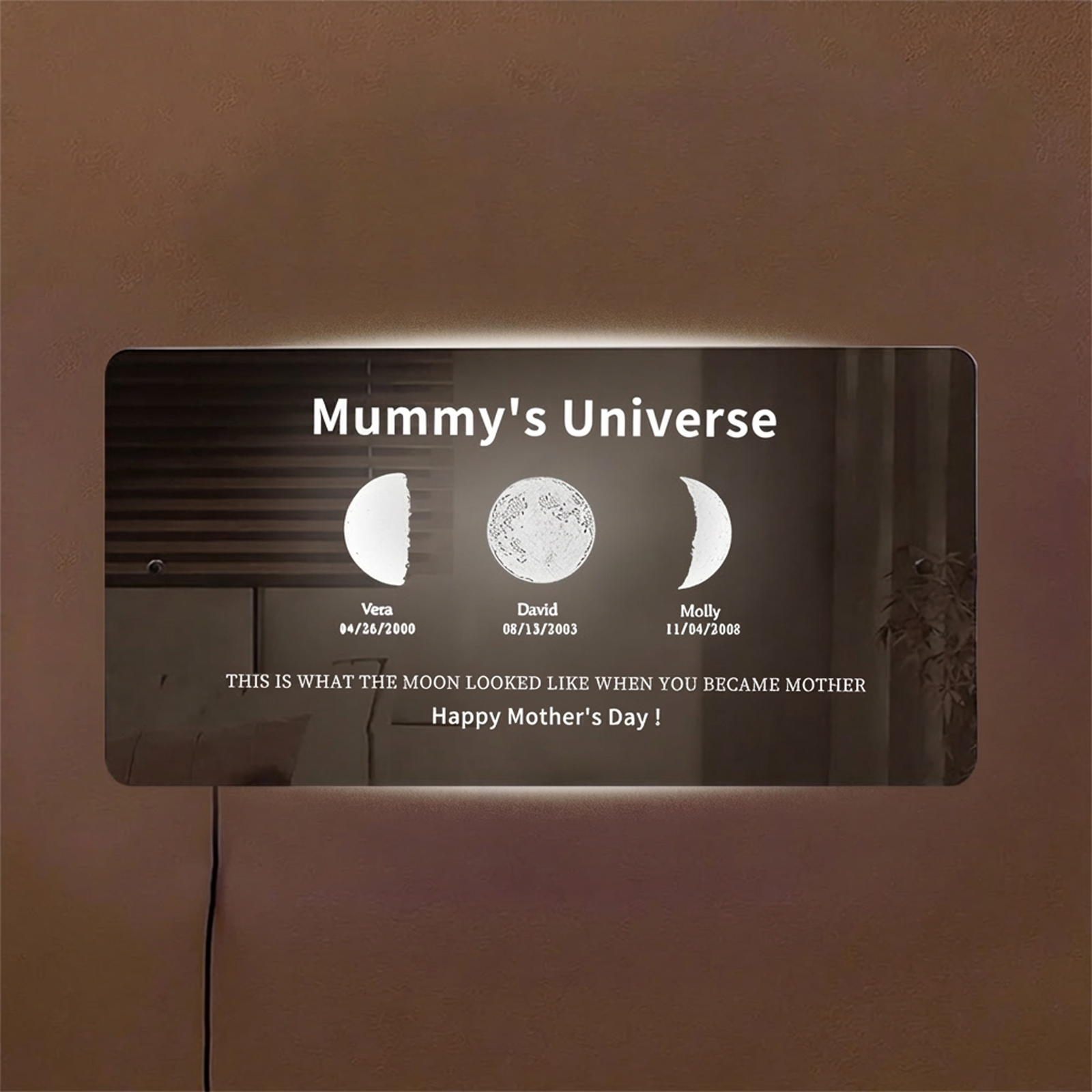 Custom Moon Phase Frame Mirror Light With Text & Date- Custom Art Frame for Mum - Mummy's Universe