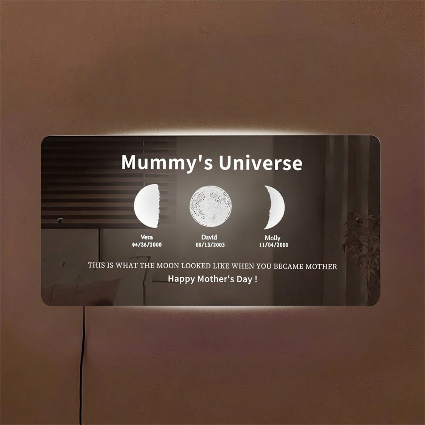 Custom Moon Phase Frame Mirror Light With Text & Date- Custom Art Frame for Mum - Mummy's Universe