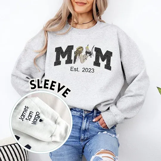 Personalized MAMA Embroidered Family Photo Glitter T-shirt Sweatshirtv