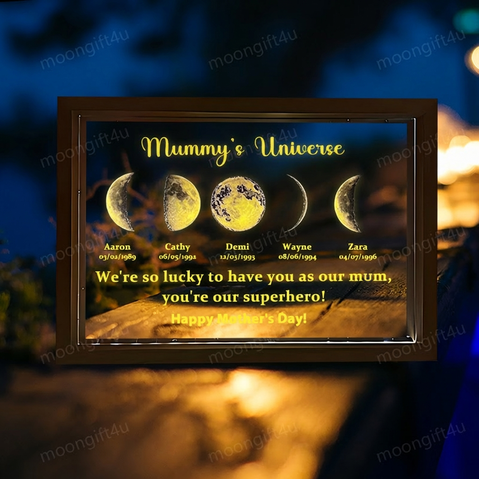 Led light frame with text and date - mum's universe