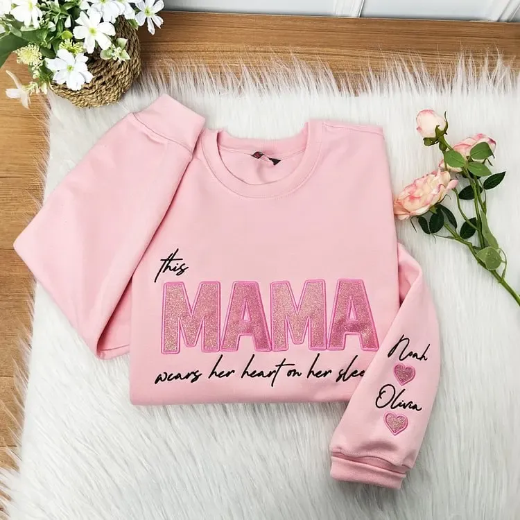 Mom Heart on Sleeve Custom Embroidered  Sequined Sweatshirt，T-Shirt – Gift for Mom & Nana