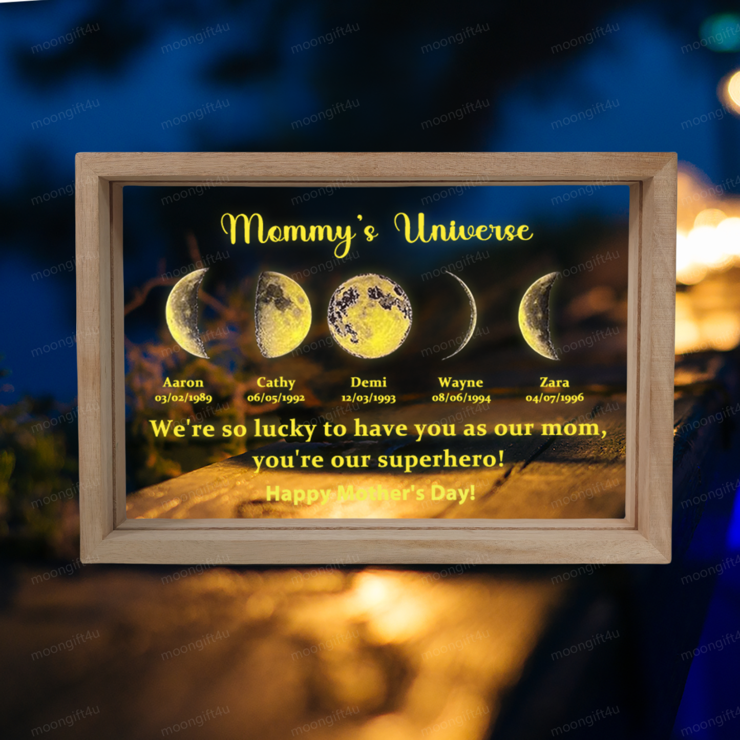 Led light frame with text and date - mum's universe