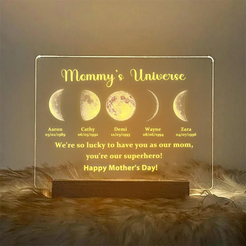 Led Light Wood Base with text and date - Mummy's Universe