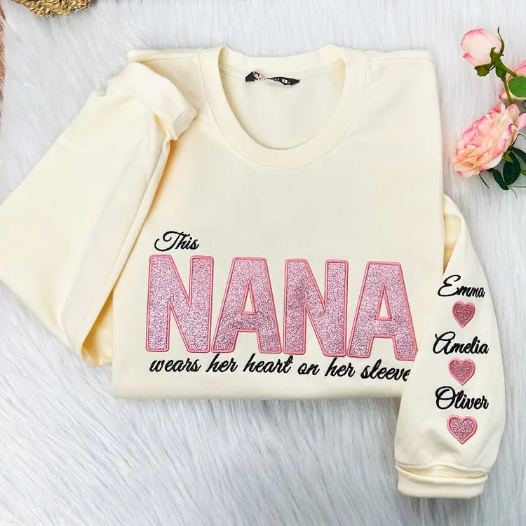 Mom Heart on Sleeve Custom Embroidered  Sequined Sweatshirt，T-Shirt – Gift for Mom & Nana