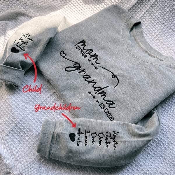   Custom Embroidered Mom Grandma Est Year Sweatshirt, Mother's Day Gift for Grandma