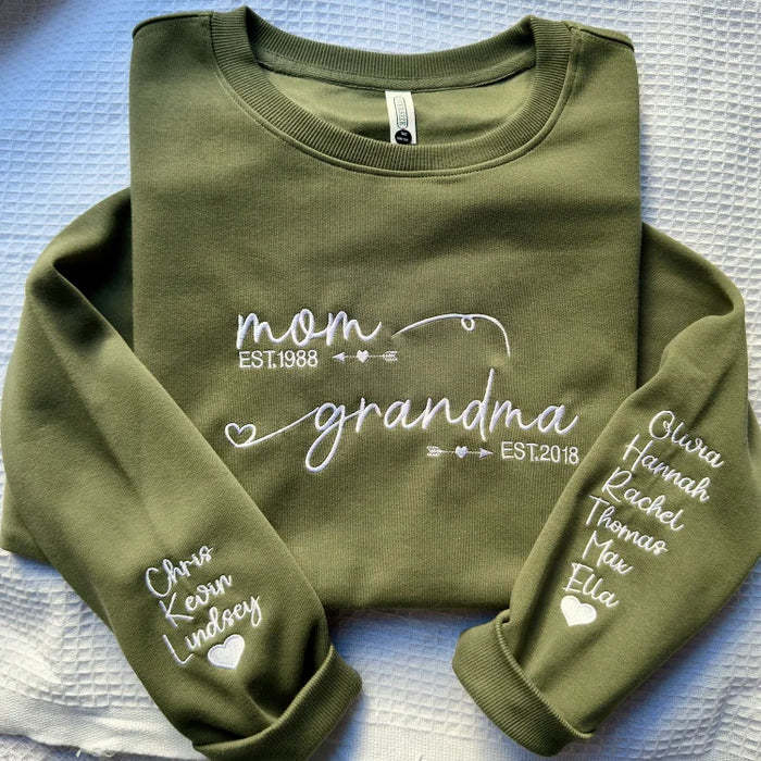   Custom Embroidered Mom Grandma Est Year Sweatshirt, Mother's Day Gift for Grandma