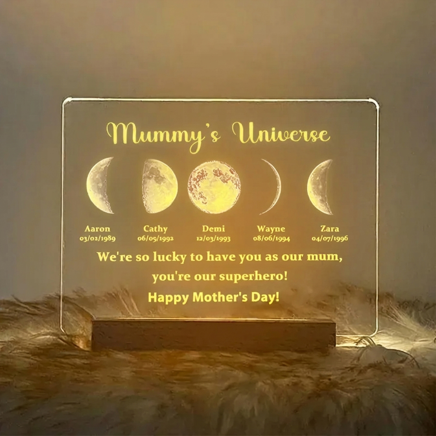 Led Light Wood Base with text and date - Mummy's Universe