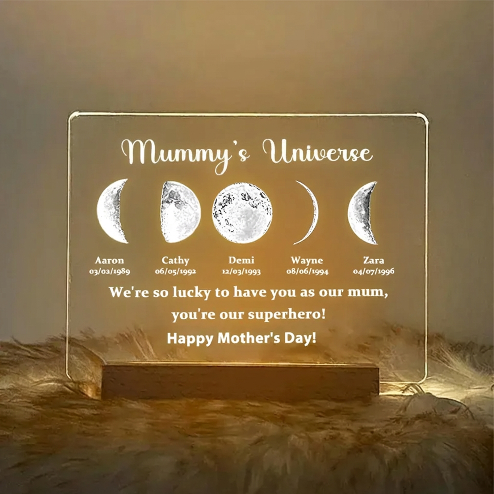Led Light Wood Base with text and date - Mummy's Universe