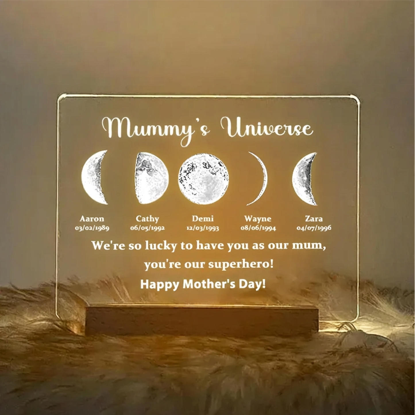 Led Light Wood Base with text and date - Mummy's Universe
