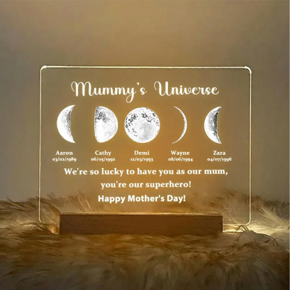 Led Light Wood Base with text and date - Mummy's Universe