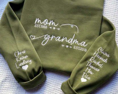   Custom Embroidered Mom Grandma Est Year Sweatshirt, Mother's Day Gift for Grandma