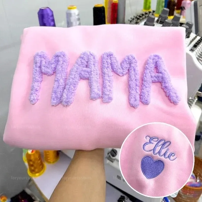 Personalized Chenille Yarn Embroidered Mama Sweatshirt, Custom Kids Names on Sleeve Gift Mother’s Day 