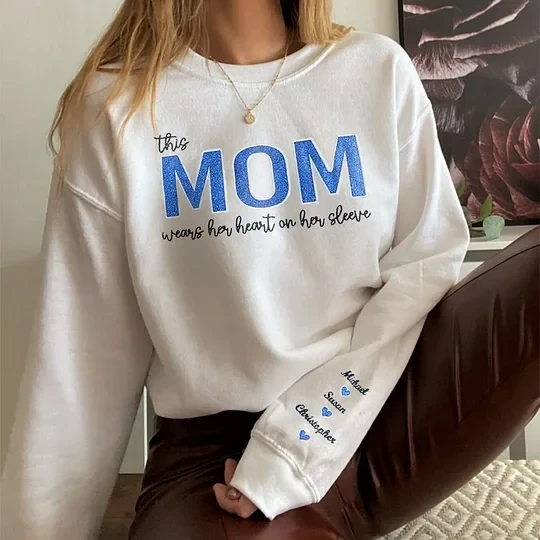 Mom Heart on Sleeve Custom Embroidered  Sequined Sweatshirt，T-Shirt – Gift for Mom & Nana