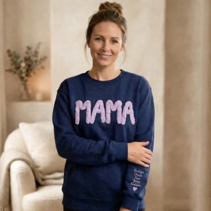 Personalized Chenille Yarn Embroidered Mama Sweatshirt, Custom Kids Names on Sleeve Gift Mother’s Day 