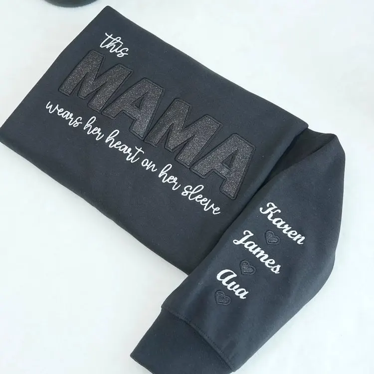 Mom Heart on Sleeve Custom Embroidered  Sequined Sweatshirt，T-Shirt – Gift for Mom & Nana