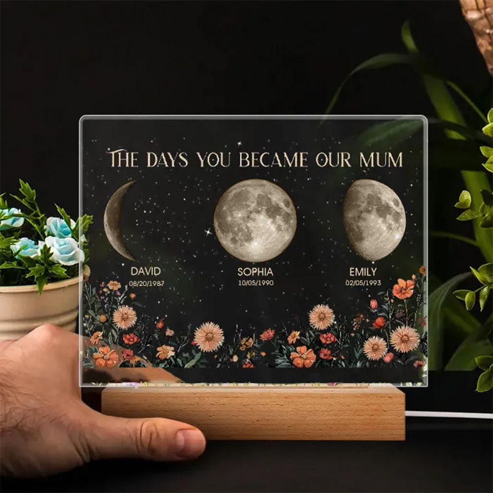 Personalized The Days You Became Our Mum Moon Phase Wood Base Led Light⭐️