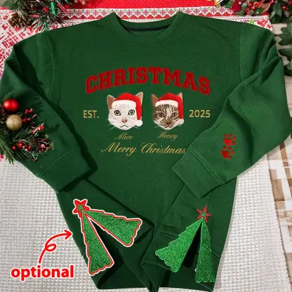 Custom Merry Christmas Embroidered Pet Portrait Sweatshirt with Glitter Side Bow Design
