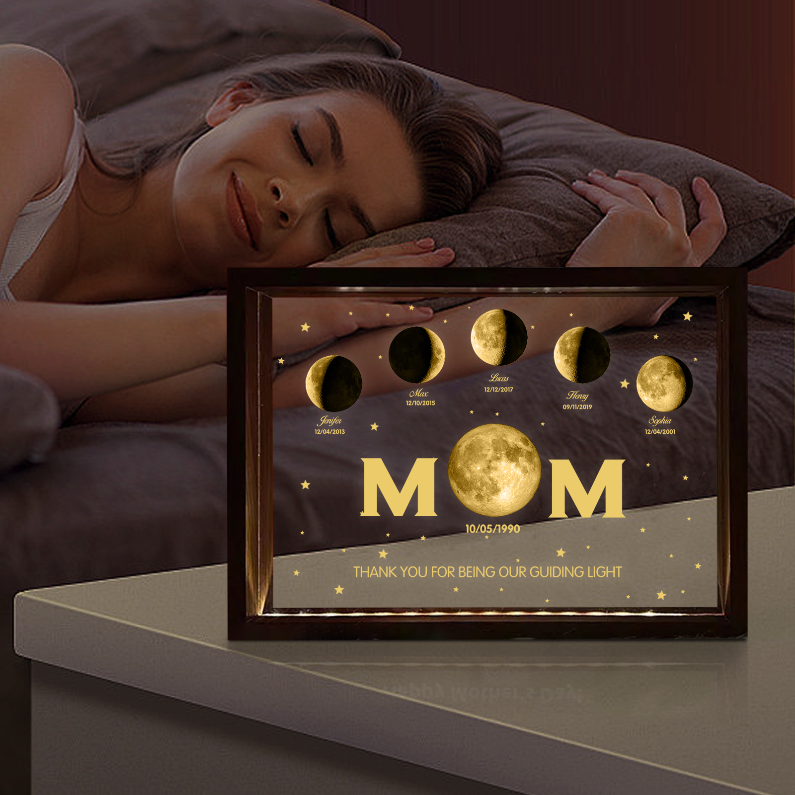 The Day You Became Our Mom, Custom  Mom Moon Phase Led light frame, Mother’s Day Gift, Father's Day