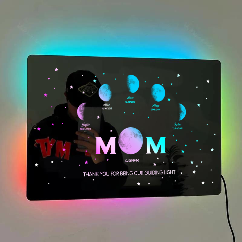 Custom Moon Phase Frame Mirror Light With Text & Date - Mummy's Universe, Mother’s Day Gift