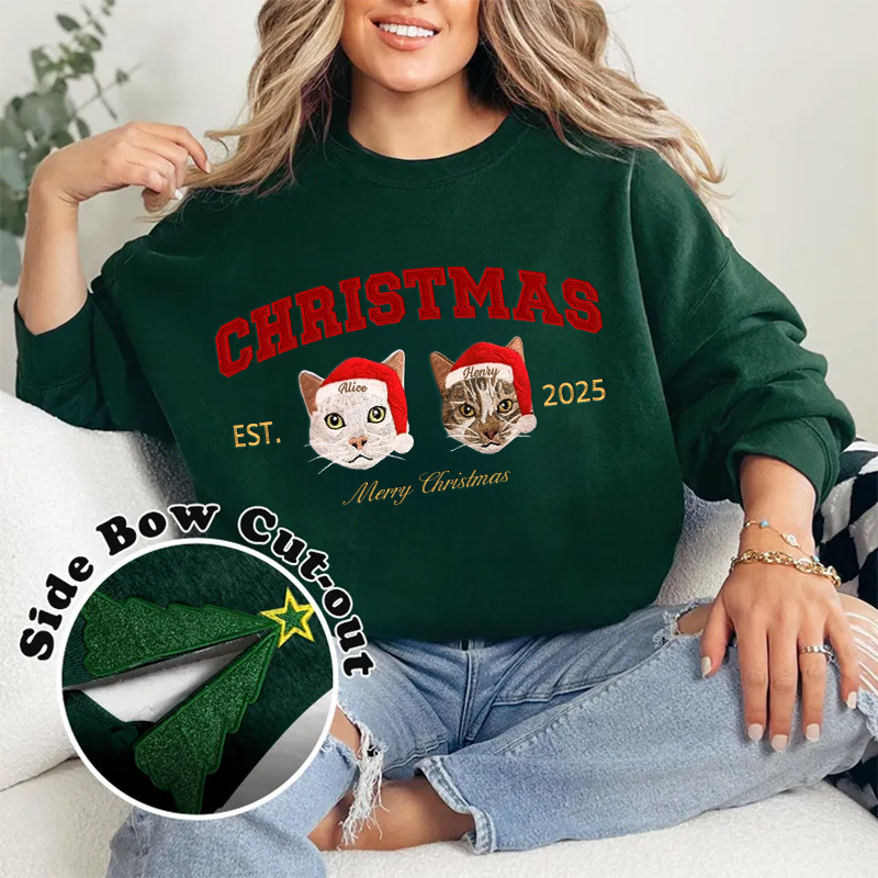 Custom Merry Christmas Embroidered Pet Portrait Sweatshirt with Glitter Side Bow