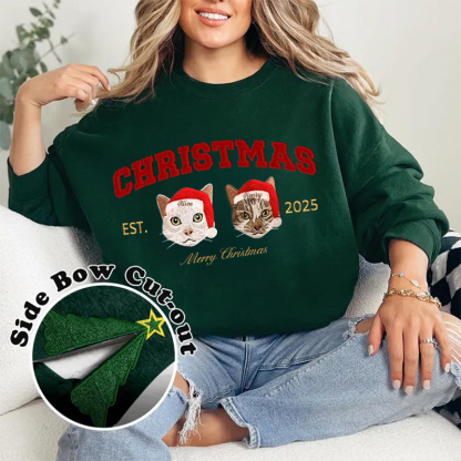 Custom Merry Christmas Embroidered Pet Portrait Sweatshirt with Glitter Side Bow