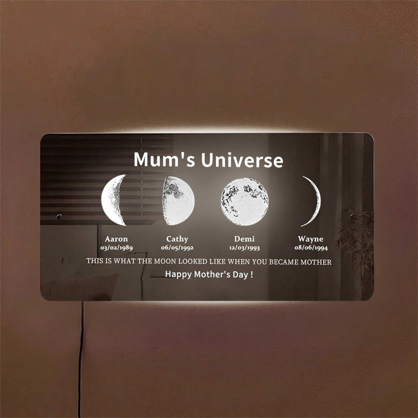 Custom Moon Phase Frame Mirror Light With Text & Date- Custom Art Frame for Mum - Mummy's Universe