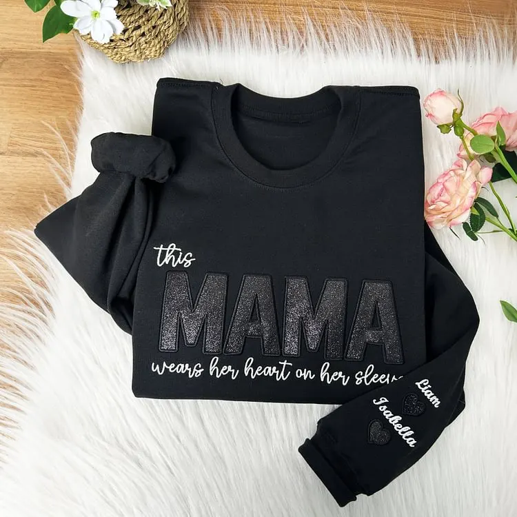 Mom Heart on Sleeve Custom Embroidered  Sequined Sweatshirt，T-Shirt – Gift for Mom & Nana