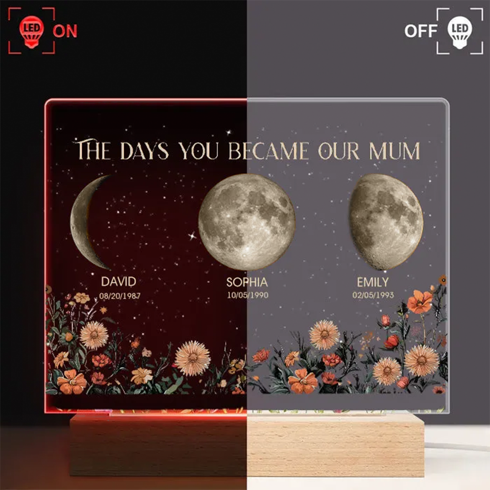 Personalized The Days You Became Our Mum Moon Phase Wood Base Led Light⭐️