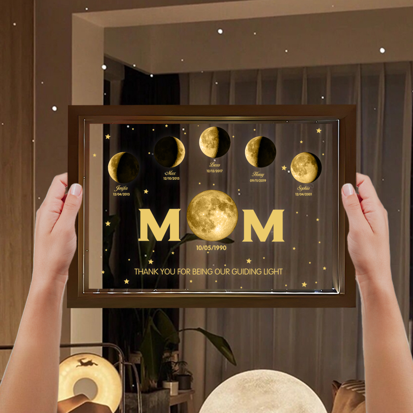 The Day You Became Our Mom, Custom  Mom Moon Phase Led light frame, Mother’s Day Gift, Father's Day