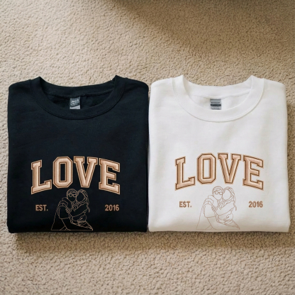 Custom Embroidered Outline Photo Couple LOVE Est Year Valentines Matching Couple Gift