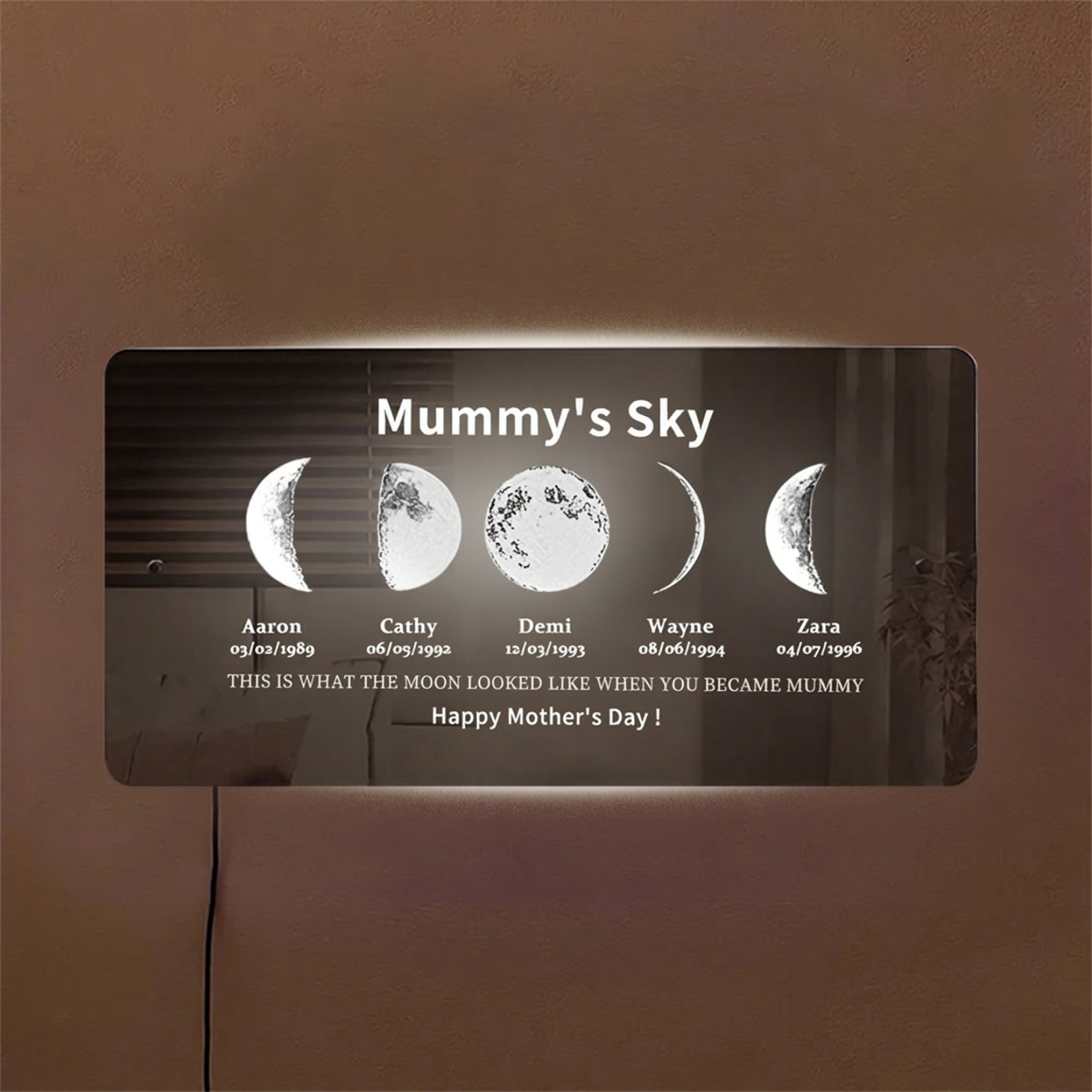 Custom Moon Phase Frame Mirror Light With Text & Date- Custom Art Frame for Mum - Mummy's Universe
